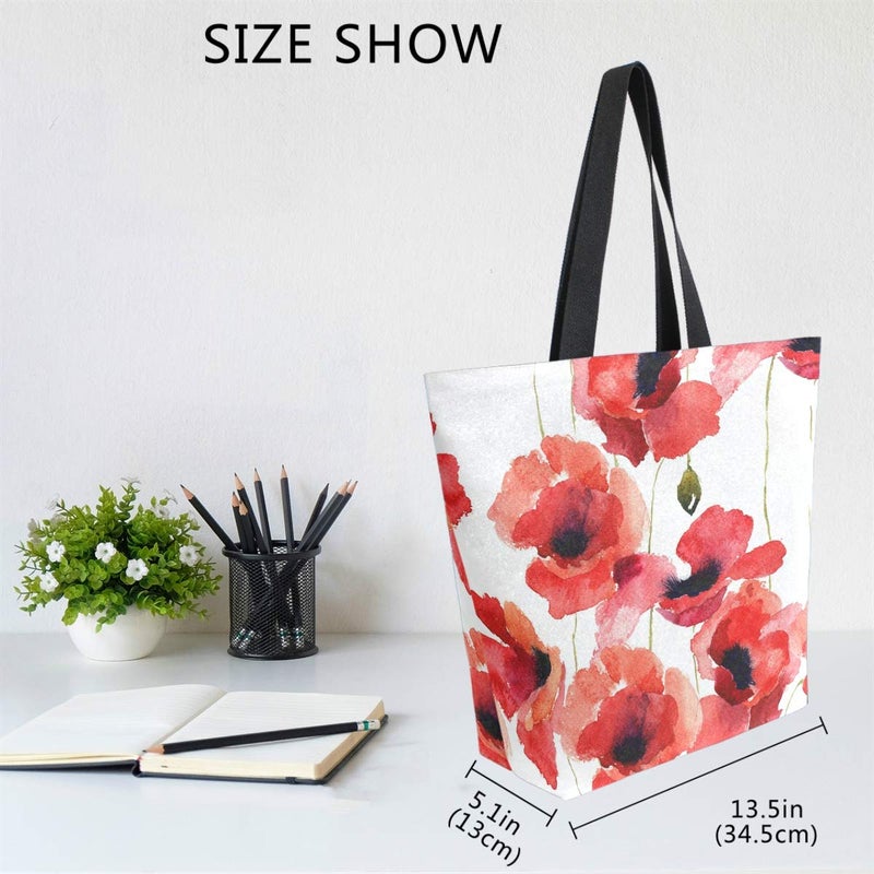 Naanle Poppy Flowers Canvas Tote Bag - Large Women's Casual Shoulder Handbag, Watercolor Poppy Reusable Multipurpose Heavy Duty Shopping Grocery Cotton Bag for Outdoors - Image 5